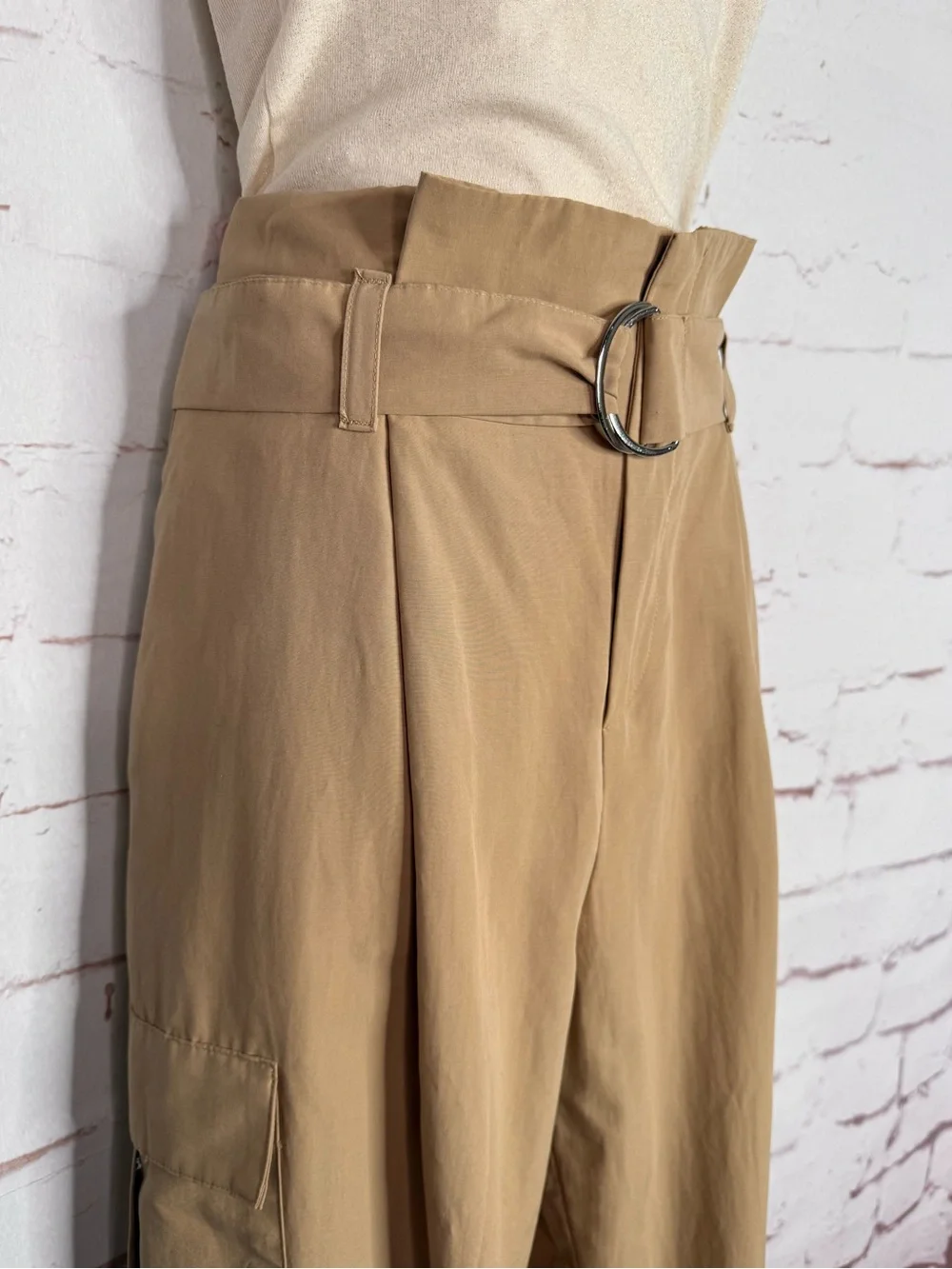 ZARA New With Tag M High Rise Paper Bag Straight Leg Camel Cargo Pants Medium - Picture 7 of 15